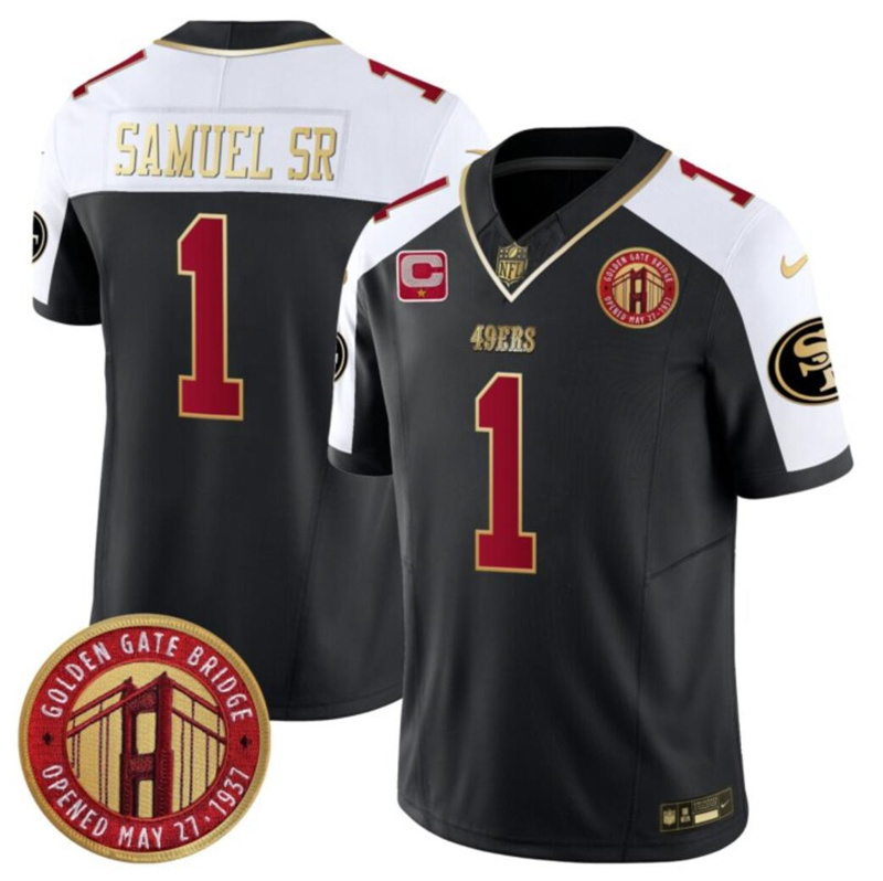 Men's San Francisco 49ers #1 Deebo Samuel Sr. Balck/White F.U.S.E. With 1-Star C Patch Golden Gate Bridge Patch Alternate Vapor Limited Stitched Football Jersey Men's San Francisco 49ers #1 Deebo Samuel Sr. Balck/White F.U.S.E. With 1-Star C Patch Golden Gate Bridge Patch Alternate Vapor Limited Stitched Football Jersey